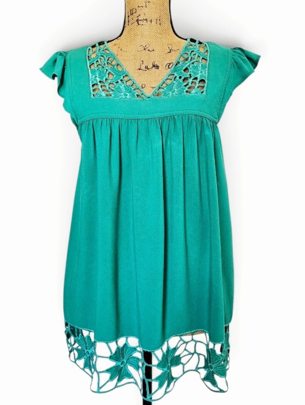 Anthropologie XXI Teal Floral Cutwork Lace Boho Blouse V-Neck Tunic Top, Size M